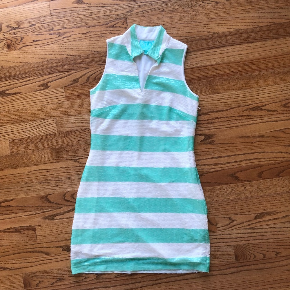 STS green and white sequin dress